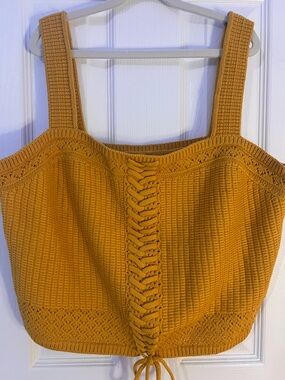 Cropped Knit Lace-Up Tank Top in Mustard - Women